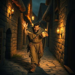 A medieval man, wearing a tattered tunic and a worn cloak, stumbling down a narrow cobblestone alley, with an expression of jovial drunkenness on his face