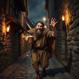 A medieval man, wearing a tattered tunic and a worn cloak, stumbling down a narrow cobblestone alley, with an expression of jovial drunkenness on his face