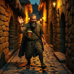 A medieval man, wearing a tattered tunic and a worn cloak, stumbling down a narrow cobblestone alley, with an expression of jovial drunkenness on his face