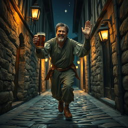 A medieval man, visibly inebriated, stumbling through a narrow, dimly lit alley