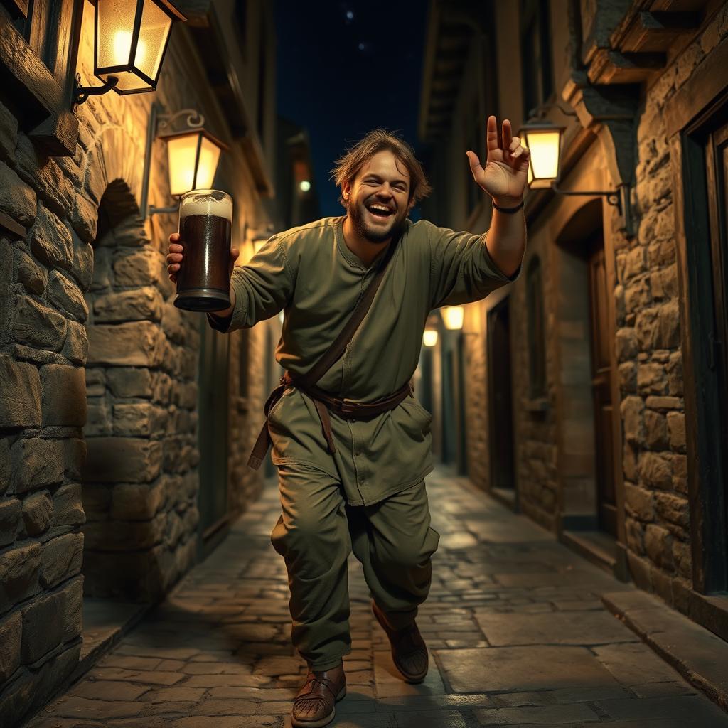 A medieval man, visibly inebriated, stumbling through a narrow, dimly lit alley