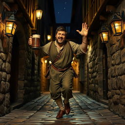 A medieval man, visibly inebriated, stumbling through a narrow, dimly lit alley