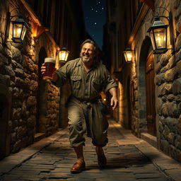 A medieval man, visibly inebriated, stumbling through a narrow, dimly lit alley
