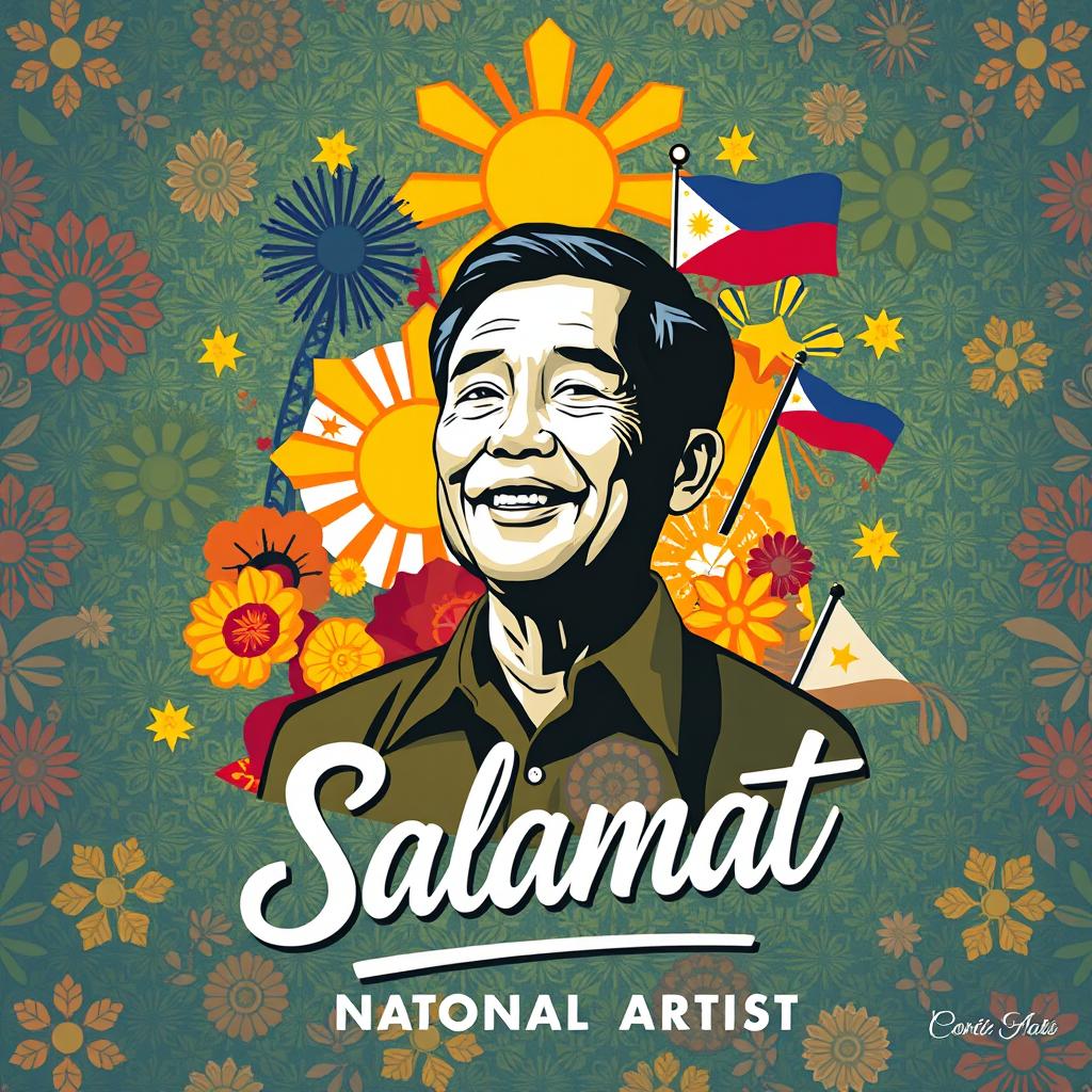 A vibrant and artistic poster celebrating a Filipino national artist, featuring a dynamic composition that includes elements of traditional Filipino culture and contemporary art styles