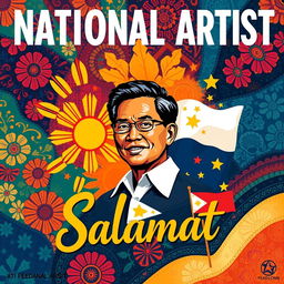 A vibrant and artistic poster celebrating a Filipino national artist, featuring a dynamic composition that includes elements of traditional Filipino culture and contemporary art styles