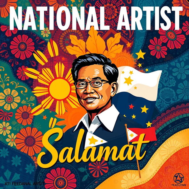 A vibrant and artistic poster celebrating a Filipino national artist, featuring a dynamic composition that includes elements of traditional Filipino culture and contemporary art styles