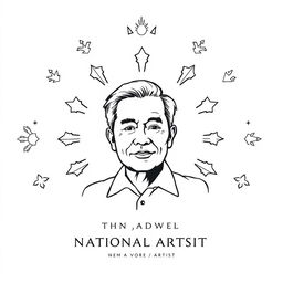 A minimalistic poster celebrating a Filipino national artist, featuring a striking black and white outline illustration of the artist's stylized portrait