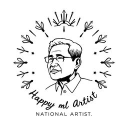 A minimalistic poster celebrating a Filipino national artist, featuring a striking black and white outline illustration of the artist's stylized portrait