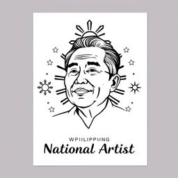 A minimalistic poster celebrating a Filipino national artist, featuring a striking black and white outline illustration of the artist's stylized portrait