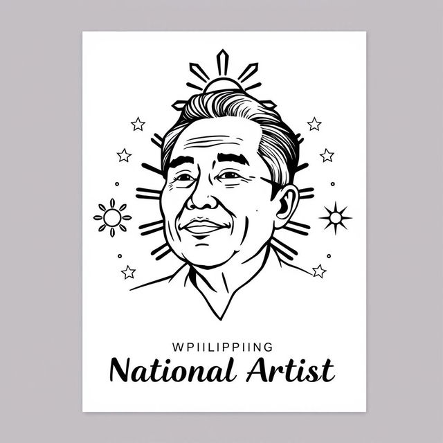 A minimalistic poster celebrating a Filipino national artist, featuring a striking black and white outline illustration of the artist's stylized portrait