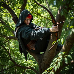 A striking red-haired handsome male ranger perched high in a tree within a lush forest