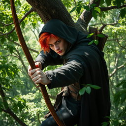 A striking red-haired handsome male ranger perched high in a tree within a lush forest