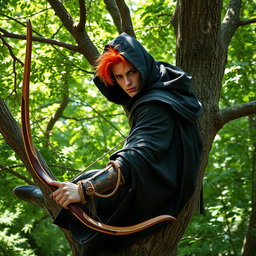 A striking red-haired handsome male ranger perched high in a tree within a lush forest