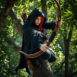 A striking red-haired handsome male ranger perched high in a tree within a lush forest