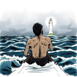 A horizontal illustration depicting a shipwrecked man viewed from behind, clinging to a piece of wood while gazing into the distance