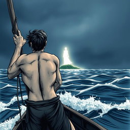A horizontal illustration depicting a shipwrecked man viewed from behind, clinging to a piece of wood while gazing into the distance