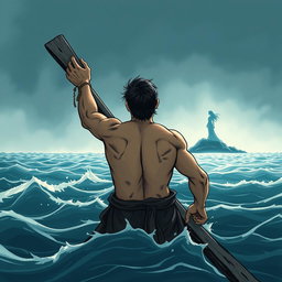 A horizontal illustration depicting a shipwrecked man viewed from behind, clinging to a piece of wood while gazing into the distance