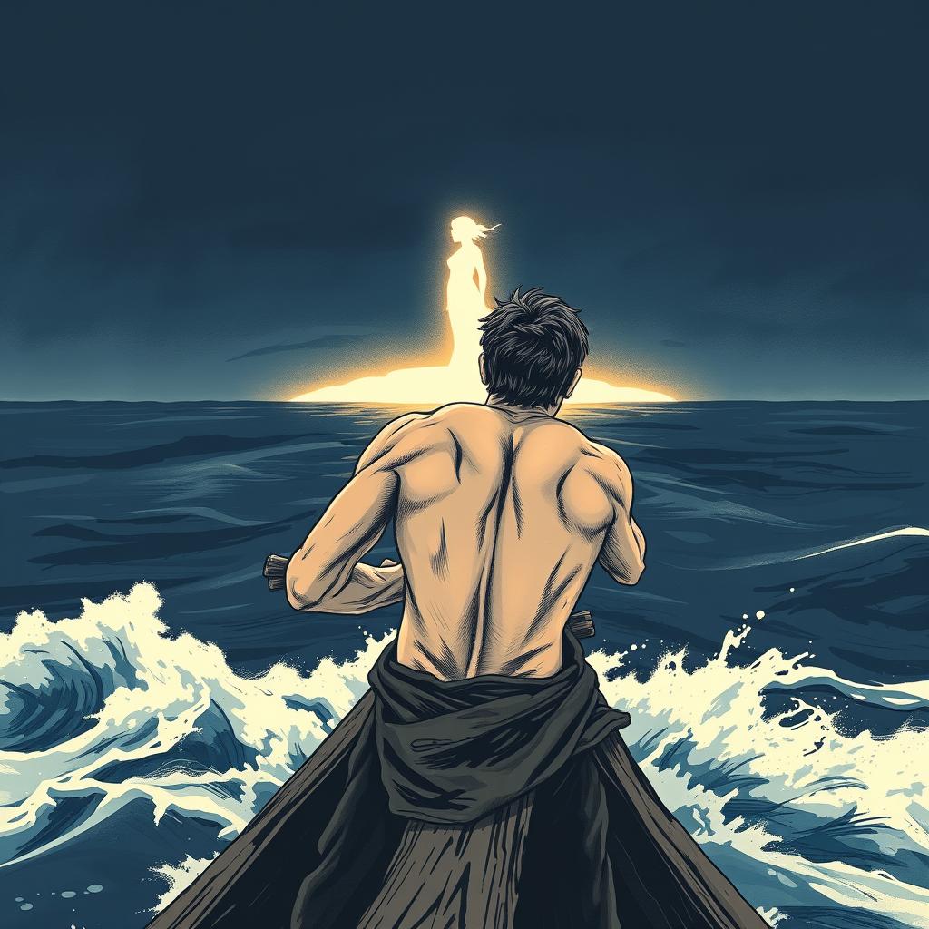 A horizontal illustration depicting a shipwrecked man viewed from behind, clinging to a piece of wood while gazing into the distance