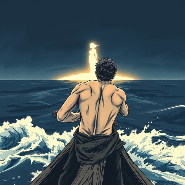 A horizontal illustration depicting a shipwrecked man viewed from behind, clinging to a piece of wood while gazing into the distance