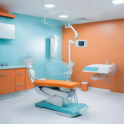 A dental unit with a striking color combination, featuring an orange dental chair against a white floor, with the rest of the room in light blue. The unit also includes modern dental equipment, offering a professional yet lively atmosphere.