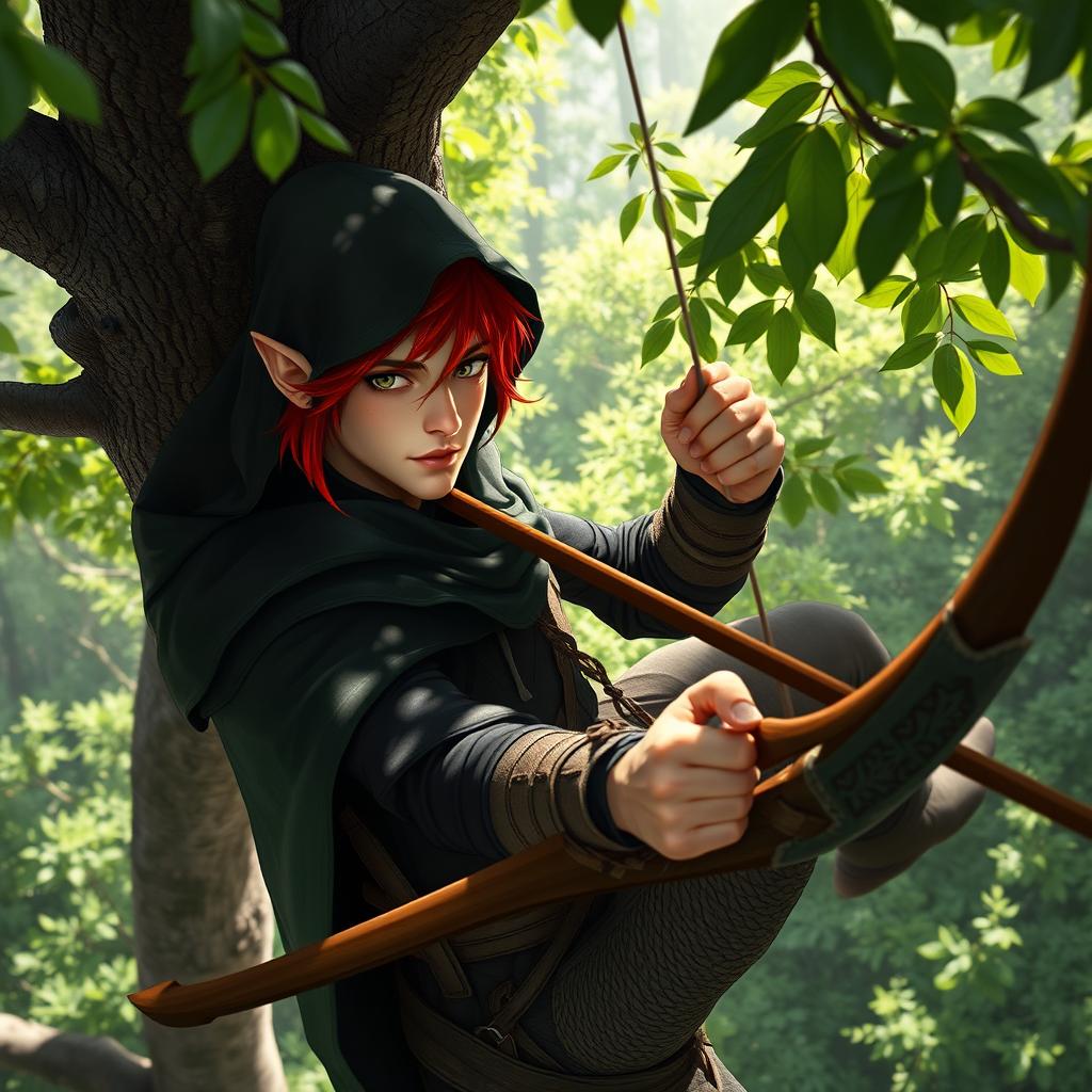 A handsome male half-elf ranger with striking red hair, wearing a black cloak and hood, positioned high up in a tree in a lush green forest