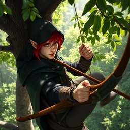 A handsome male half-elf ranger with striking red hair, wearing a black cloak and hood, positioned high up in a tree in a lush green forest