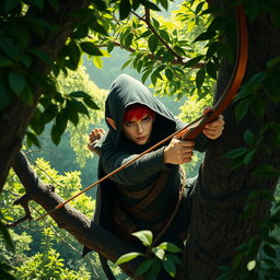 A handsome male half-elf ranger with striking red hair, wearing a black cloak and hood, positioned high up in a tree in a lush green forest