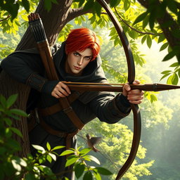 A handsome male half-elf ranger with striking red hair, wearing a black cloak and hood, positioned high up in a tree in a lush green forest