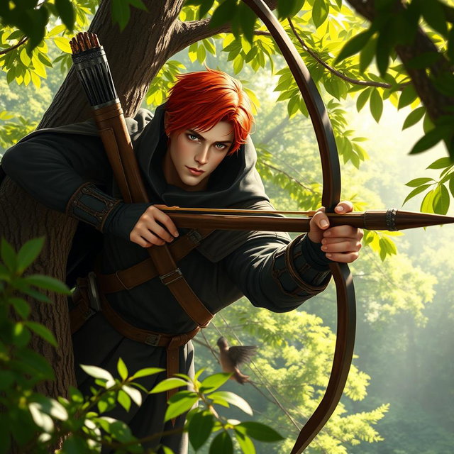 A handsome male half-elf ranger with striking red hair, wearing a black cloak and hood, positioned high up in a tree in a lush green forest