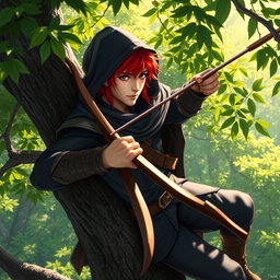 A handsome male half-elf ranger with striking red hair, wearing a black cloak and hood, positioned high up in a tree in a lush green forest