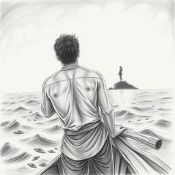 A horizontal illustration created in pencil, depicting a shipwrecked man from behind, clinging to a piece of wood while gazing into the distance