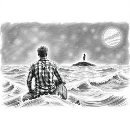 A horizontal illustration created in pencil, depicting a shipwrecked man from behind, clinging to a piece of wood while gazing into the distance