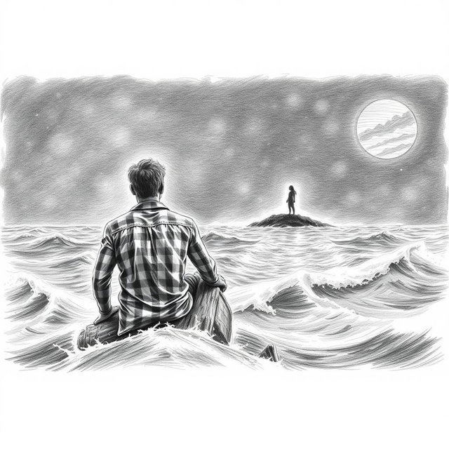 A horizontal illustration created in pencil, depicting a shipwrecked man from behind, clinging to a piece of wood while gazing into the distance