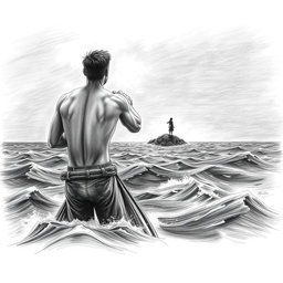 A horizontal illustration created in pencil, depicting a shipwrecked man from behind, clinging to a piece of wood while gazing into the distance