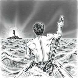 A horizontal illustration created in pencil, depicting a shipwrecked man from behind, clinging to a piece of wood while gazing into the distance