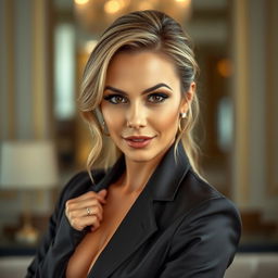 A beautiful 40-year-old woman dressed elegantly in a stylish outfit