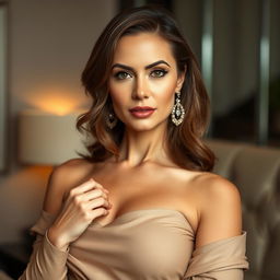 A beautiful 40-year-old woman dressed elegantly in a stylish outfit