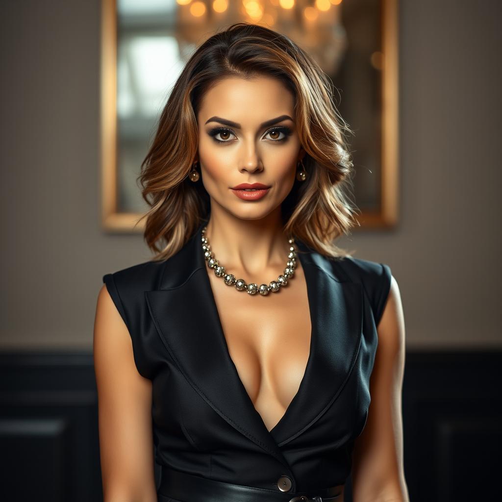 A beautiful 40-year-old woman dressed elegantly in a stylish outfit