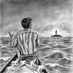 A horizontal illustration created in pencil, depicting a shipwrecked man seen from behind, clinging to a piece of wood while gazing into the distance