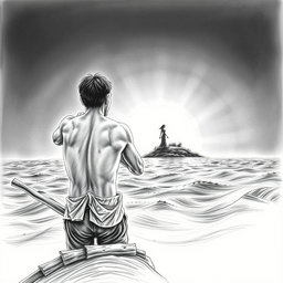 A horizontal illustration created in pencil, depicting a shipwrecked man seen from behind, clinging to a piece of wood while gazing into the distance