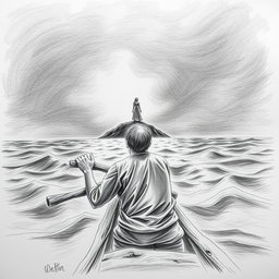 A horizontal illustration created in pencil, depicting a shipwrecked man seen from behind, clinging to a piece of wood while gazing into the distance
