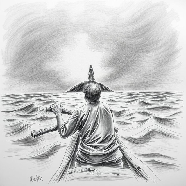 A horizontal illustration created in pencil, depicting a shipwrecked man seen from behind, clinging to a piece of wood while gazing into the distance