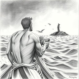 A horizontal illustration created in pencil, depicting a shipwrecked man seen from behind, clinging to a piece of wood while gazing into the distance