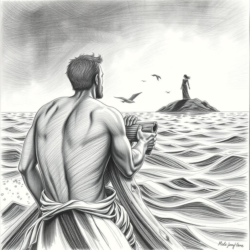 A horizontal illustration created in pencil, depicting a shipwrecked man seen from behind, clinging to a piece of wood while gazing into the distance