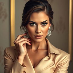 A beautiful 40-year-old woman elegantly dressed in a stylish outfit, facing the camera directly