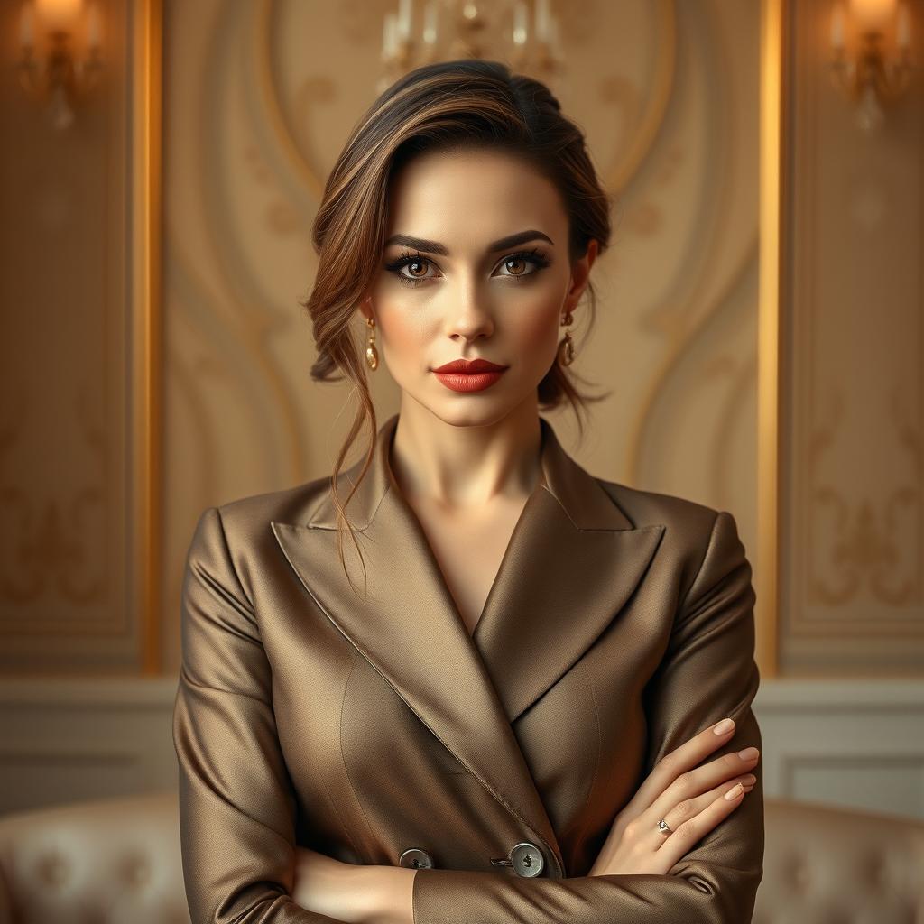 A beautiful 40-year-old woman elegantly dressed in a stylish outfit, facing the camera directly