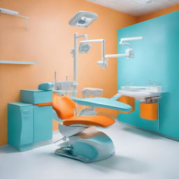 A dental unit with a striking color combination, featuring an orange dental chair against a white floor, with the rest of the room in light blue. The unit also includes modern dental equipment, offering a professional yet lively atmosphere.