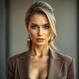 A beautiful 40-year-old woman elegantly dressed in a fashionable outfit, facing the camera directly