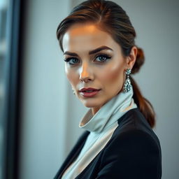 A beautiful 40-year-old woman elegantly dressed in a fashionable outfit, facing the camera directly