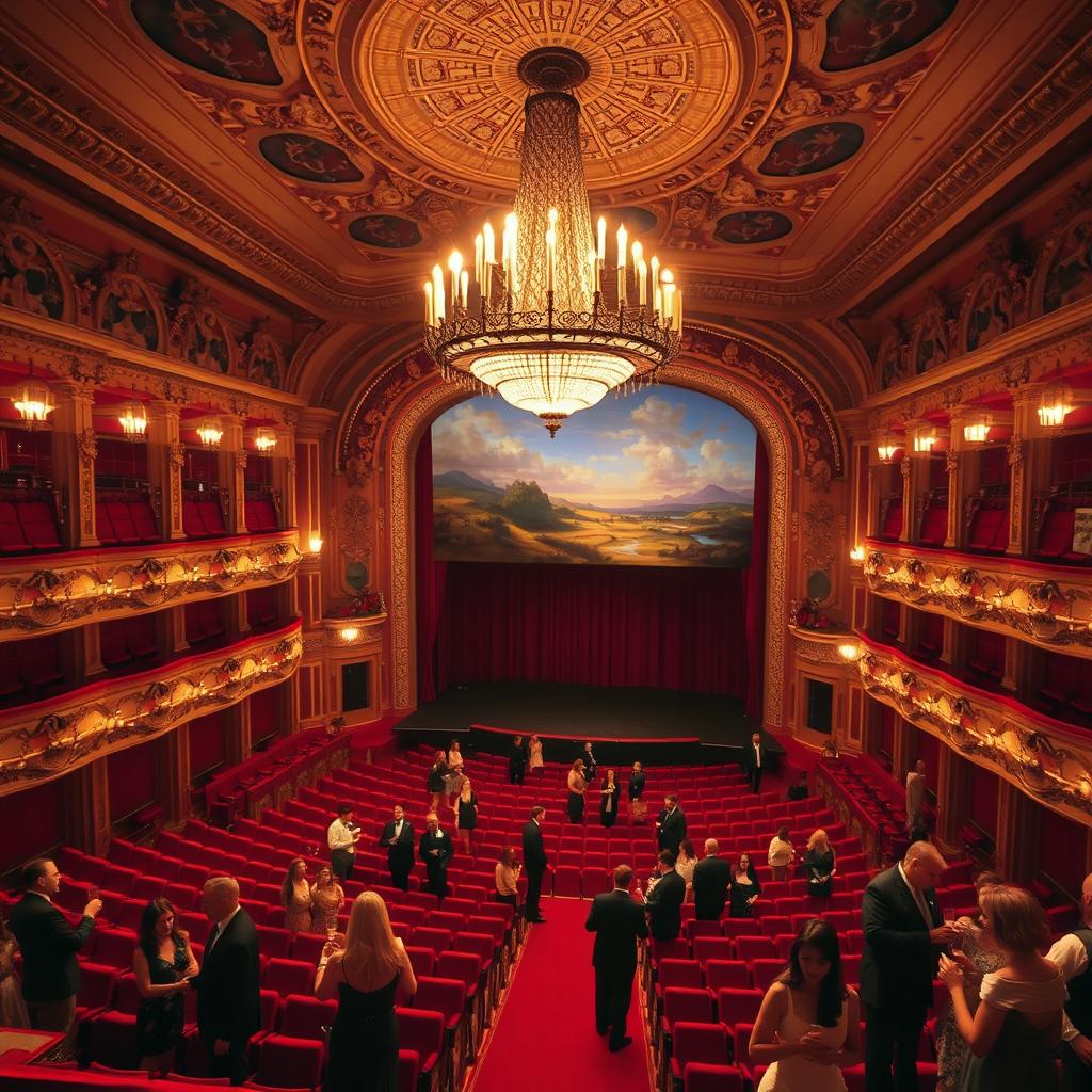 A stunning view of a grand theater interior, featuring an ornate chandelier hanging from the ceiling, plush red velvet seats arranged in a semi-circle, and a beautifully painted stage backdrop depicting a serene landscape